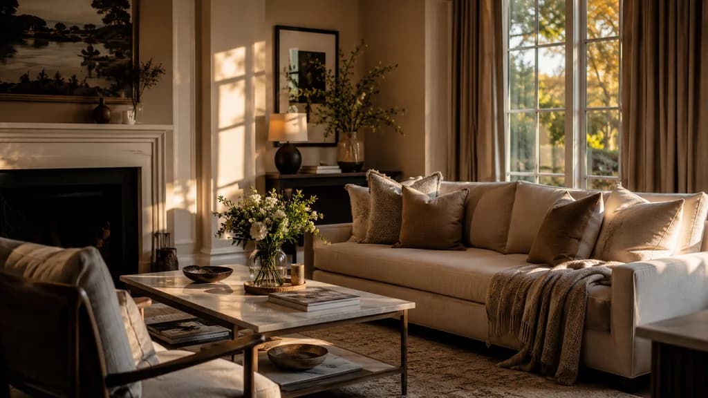 Sunlit living room with a tidy sofa and coffee table after a one-off clean