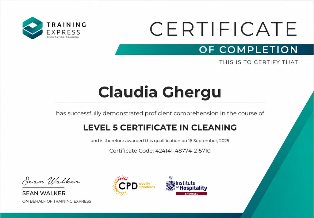 Certificate of Completion — Level 5 Certificate in Cleaning, awarded to Claudia Ghergu on 16 September 2025 by Training Express