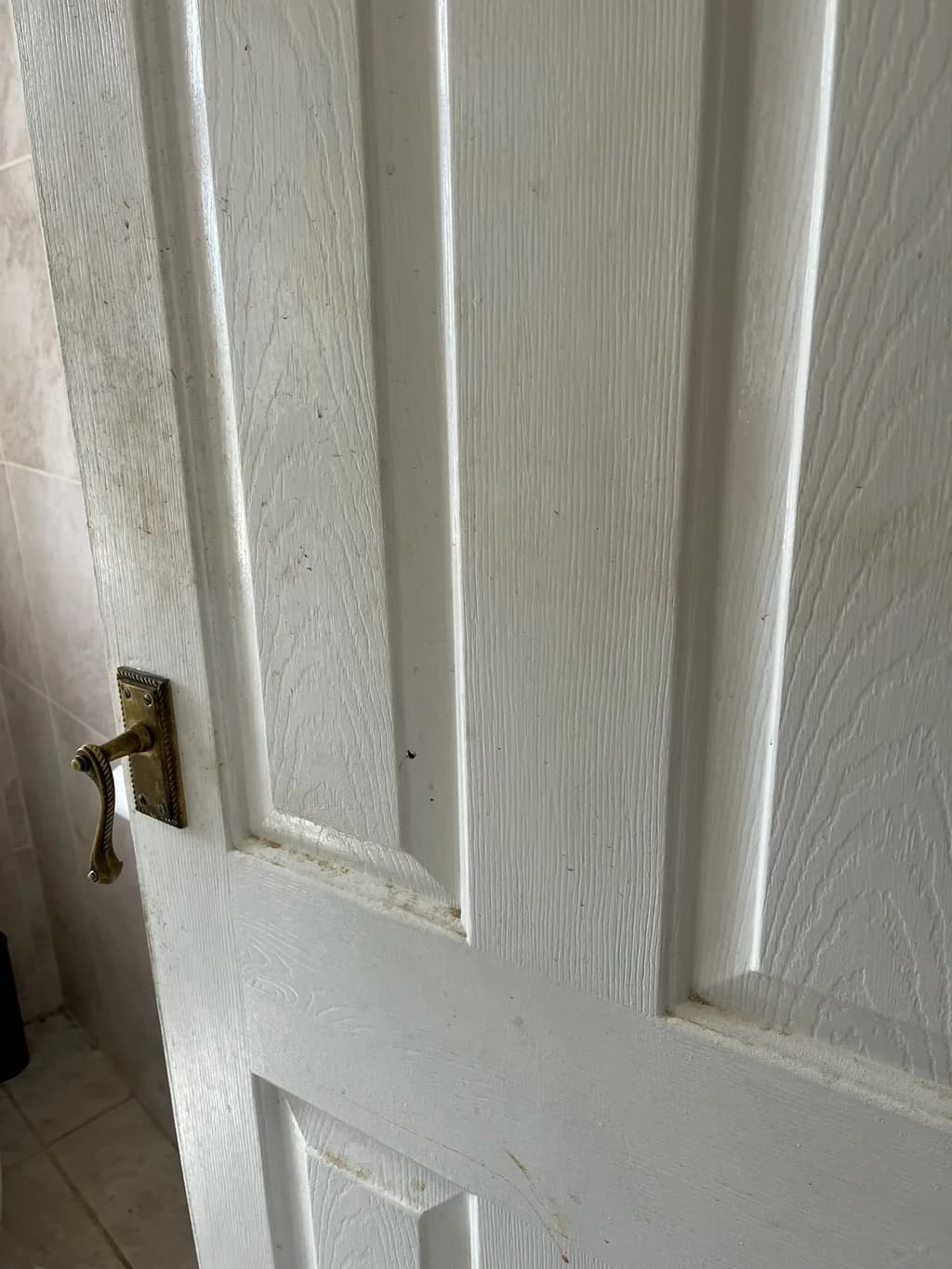 Internal door marked with scuffs and grime before cleaning