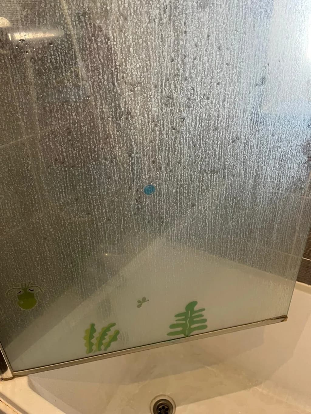 Glass shower screen heavily clouded with limescale before cleaning