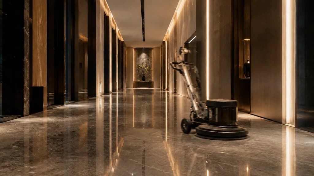 Polished marble corridor with a floor buffer in a commercial building