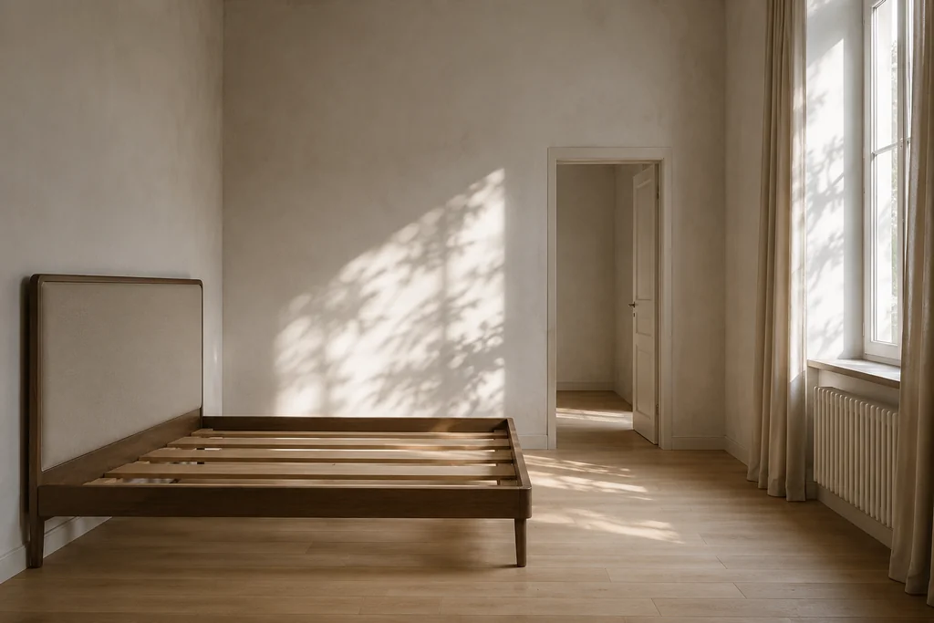 Sunlit bedroom with a bare wooden bed frame and pale walls after an end-of-tenancy clean